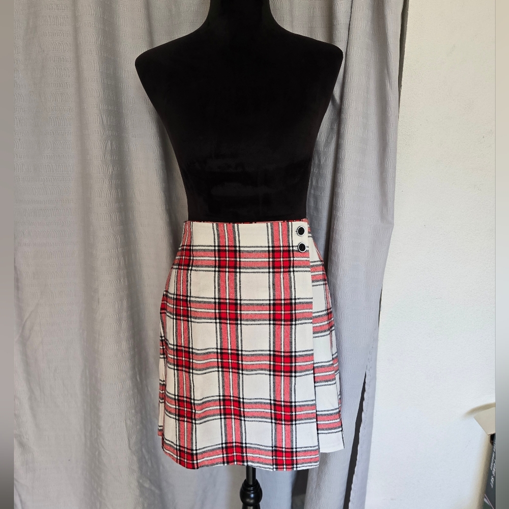 Francesca's Collections Red and White Plaid Skirt
